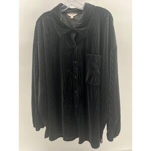 NWT Women's Black Ribbed Velvet Long‎ Sleeve Button Up Shirt Top 3X